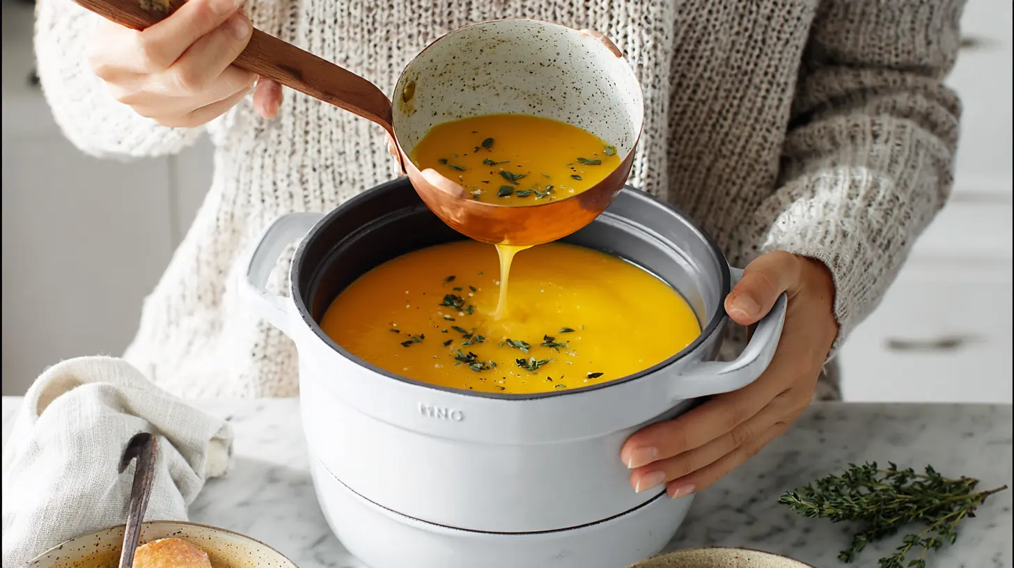 Person in a cozy sweater serving vibrant butternut squash soup from a white Dutch oven with a copper ladle.