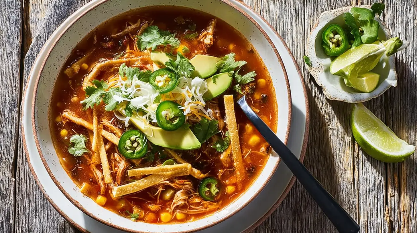 Vibrant bowl of chicken tortilla soup garnished with crispy tortilla strips, avocado, jalapeños, cilantro, and cheese on a rustic wooden table.