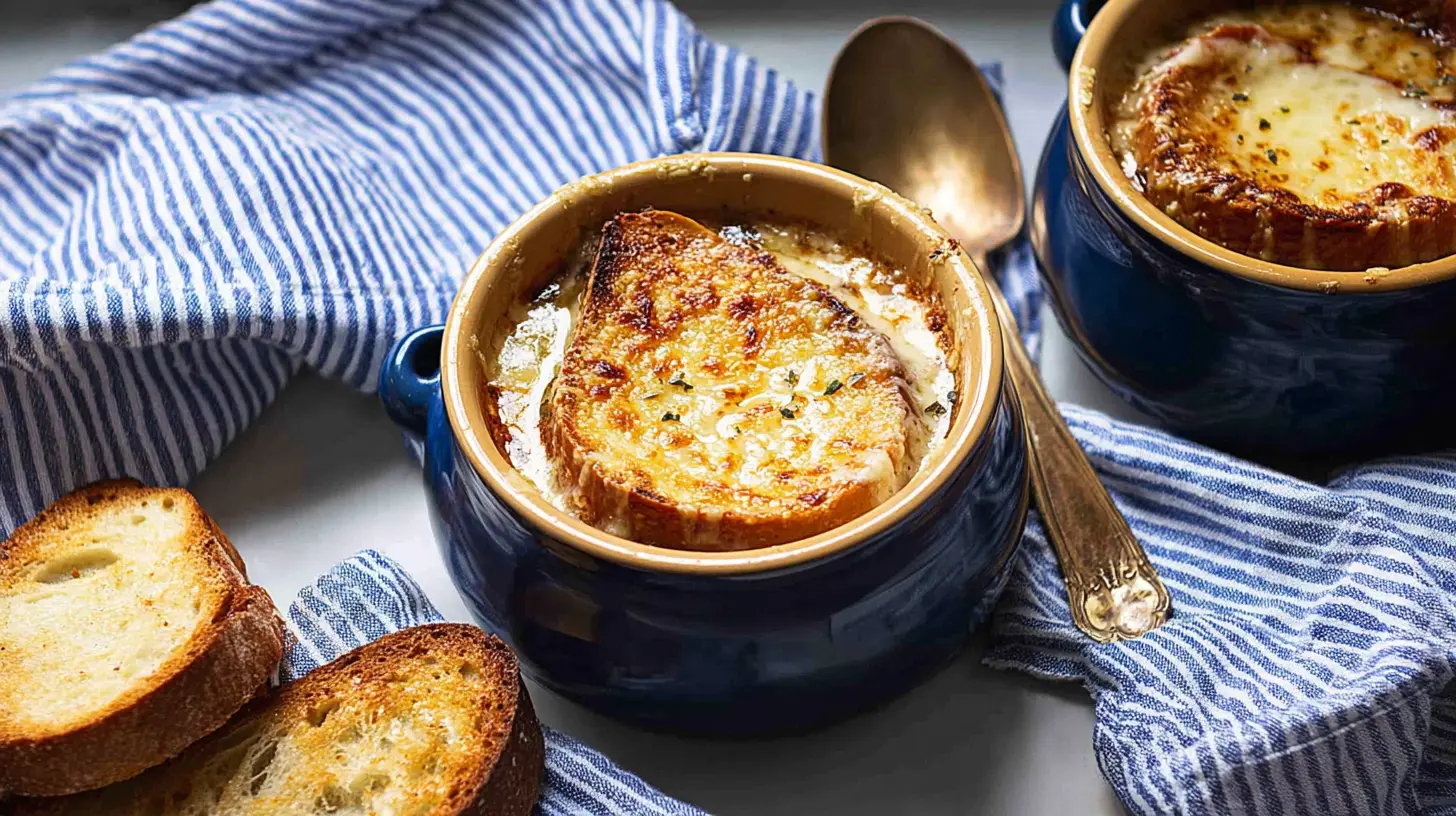 Two inviting bowls of classic French Onion Soup with bubbly melted cheese and toasted bread on a striped fabric.