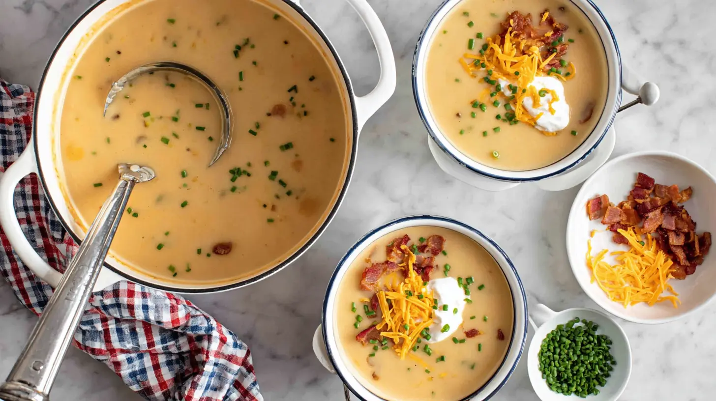 Delicious creamy potato soup served with crispy bacon, cheese, and chives, inspiring new soup recipes.