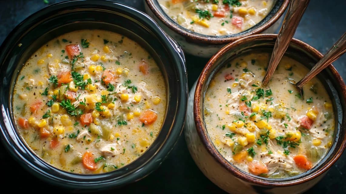 Delicious creamy chicken and vegetable crockpot soup in various bowls and a slow cooker.