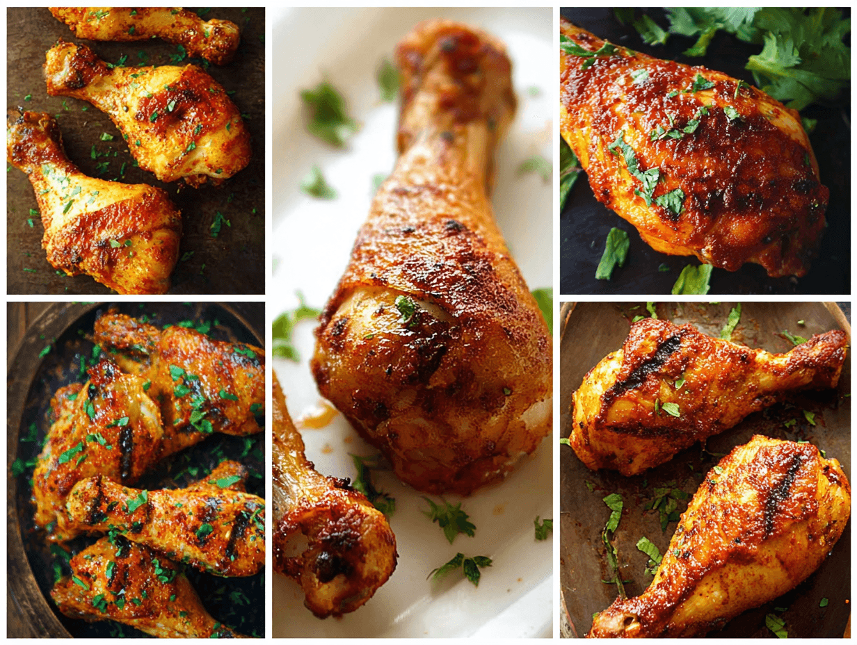 A vibrant food collage featuring twelve diverse chicken drumstick recipes and other chicken dishes, presented in a horizontal banner.