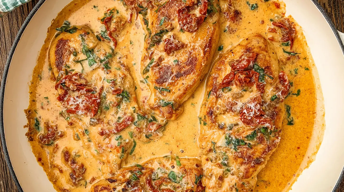 Close-up of golden pan-seared chicken swimming in rich Marry Me Chicken In Sun-Dried Tomato Cream Sauce, garnished with fresh herbs in a light-colored skillet.