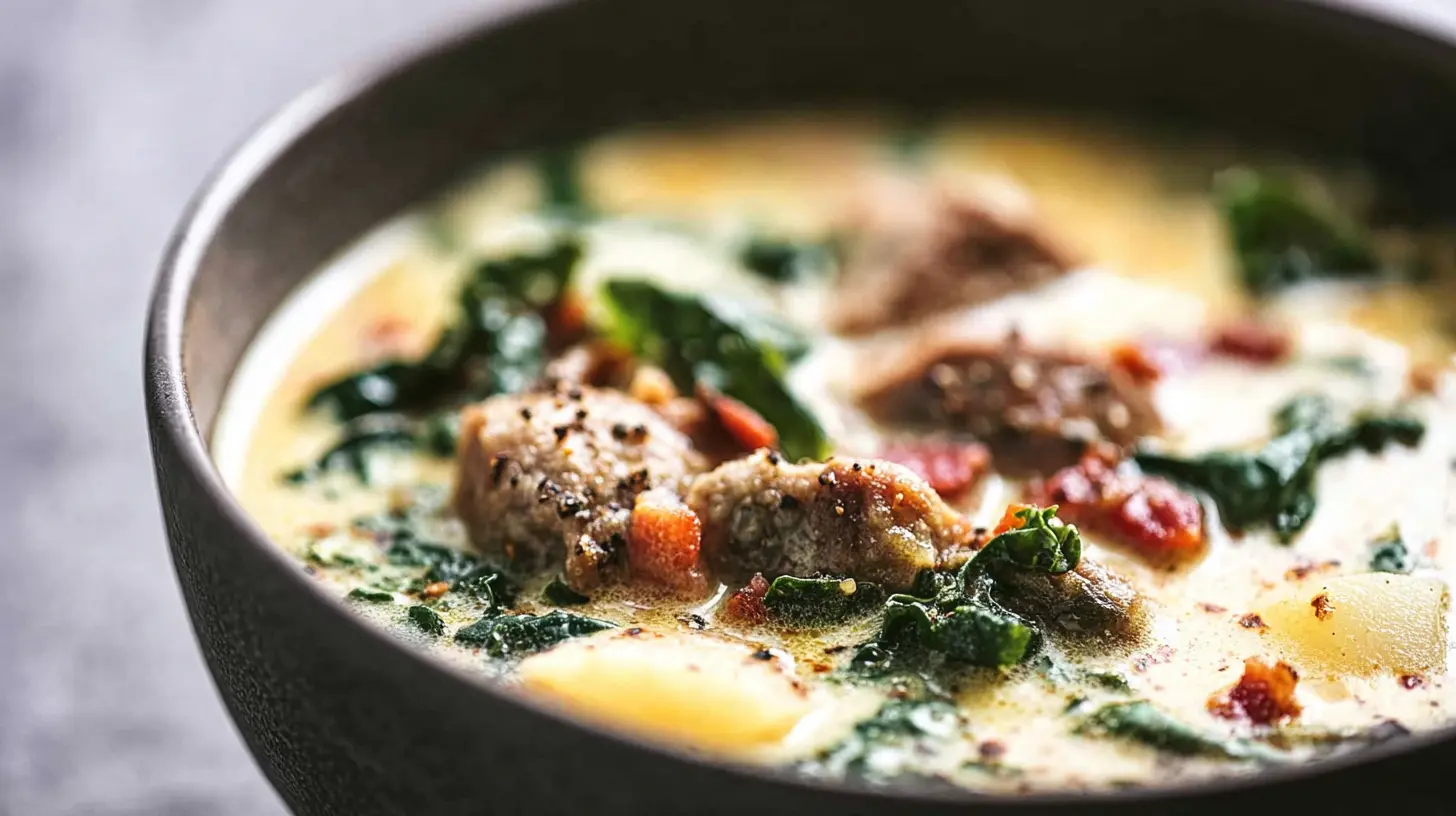 A close-up of a creamy Tuscan Soup Delight Inspired by Olive Garden, brimming with sausage, kale, and potatoes in a rustic ceramic bowl.
