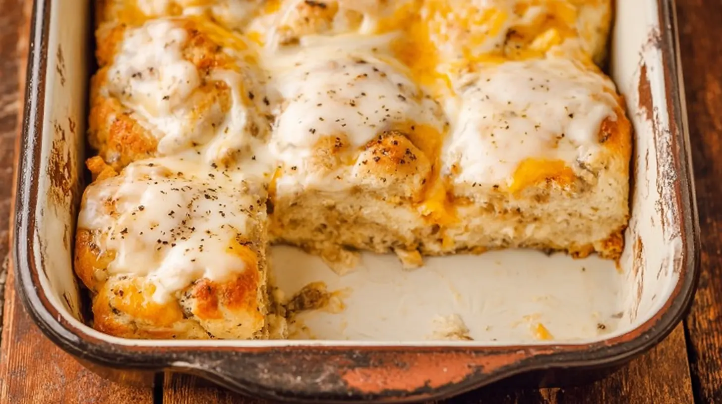 Hearty Biscuits and Gravy Breakfast Casserole biscuits and gravy breakfast casserole A close-up of a savory biscuits and gravy breakfast casserole, topped with melted cheese and black pepper, served in a rustic baking dish on a wooden table.