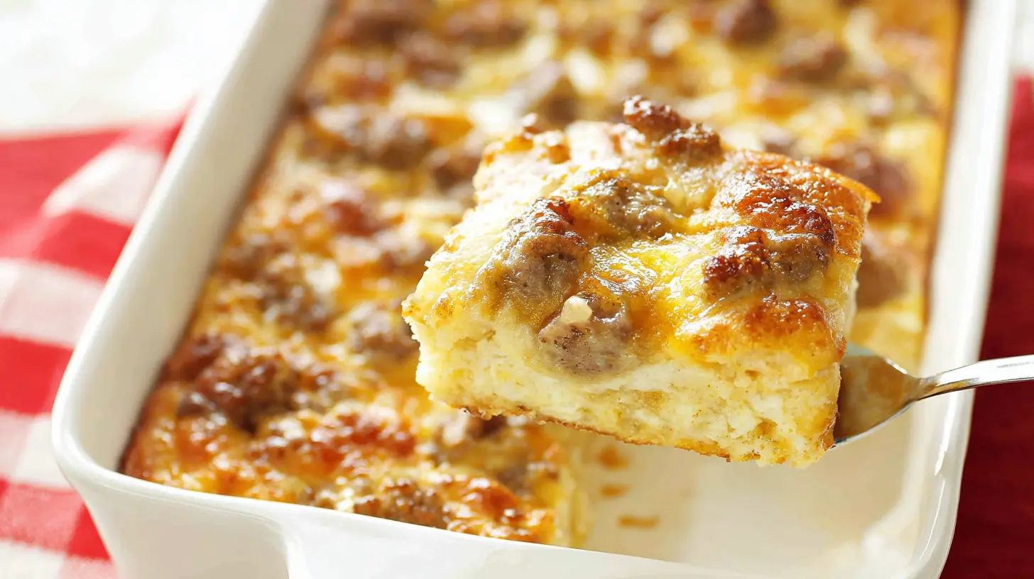 Easy Breakfast Casserole with Biscuits (Sausage, Egg & Cheese) breakfast casserole with biscuits Close-up of a golden-brown breakfast casserole with biscuits, featuring savory sausage, melted cheese, and a fluffy egg base, being served from a white baking dish.