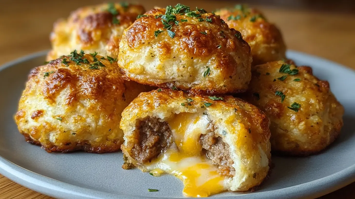 Plate of golden-brown, herb-sprinkled irresistible garlic parmesan cheeseburger bombs, with one cut open to show the cheesy, meaty interior.