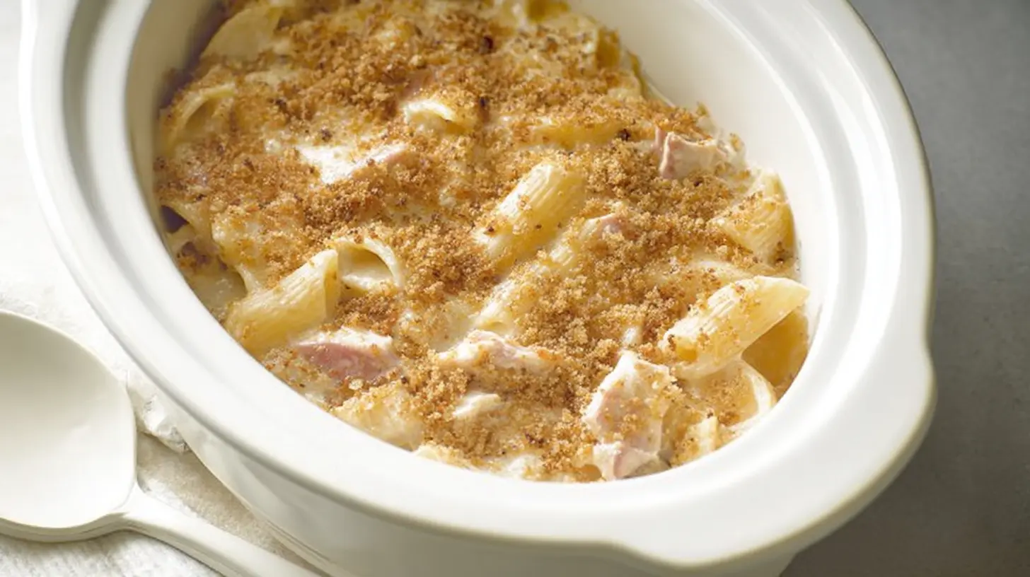 Close-up of a creamy slow cooker chicken cordon bleu pasta bake with a golden-brown breadcrumb topping in a white oval dish.