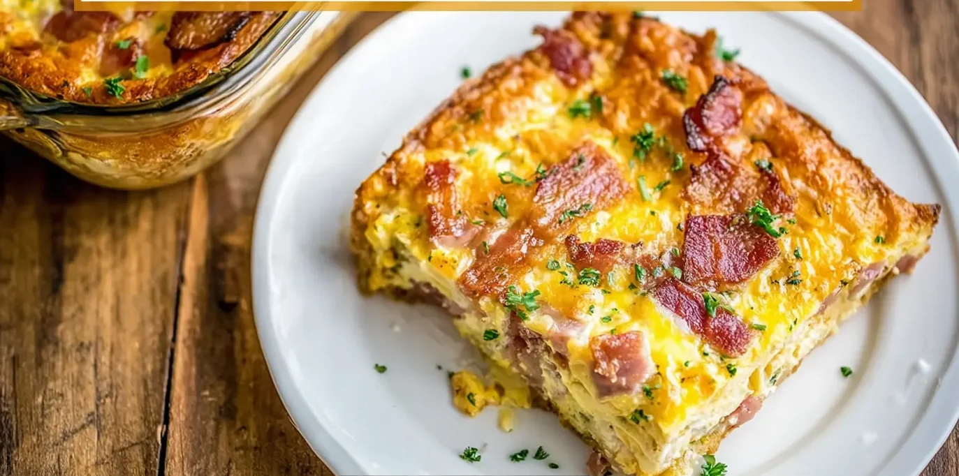 Delicious crack breakfast casserole slice with bacon and herbs on a rustic wooden table.