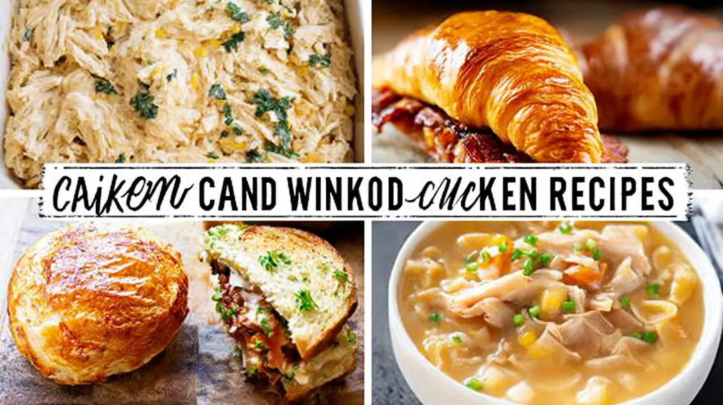 A collage of four tempting dishes, including a creamy chicken casserole, a croissant sandwich, a pulled chicken bun, and chicken corn soup, showcasing diverse canned chicken recipes.
