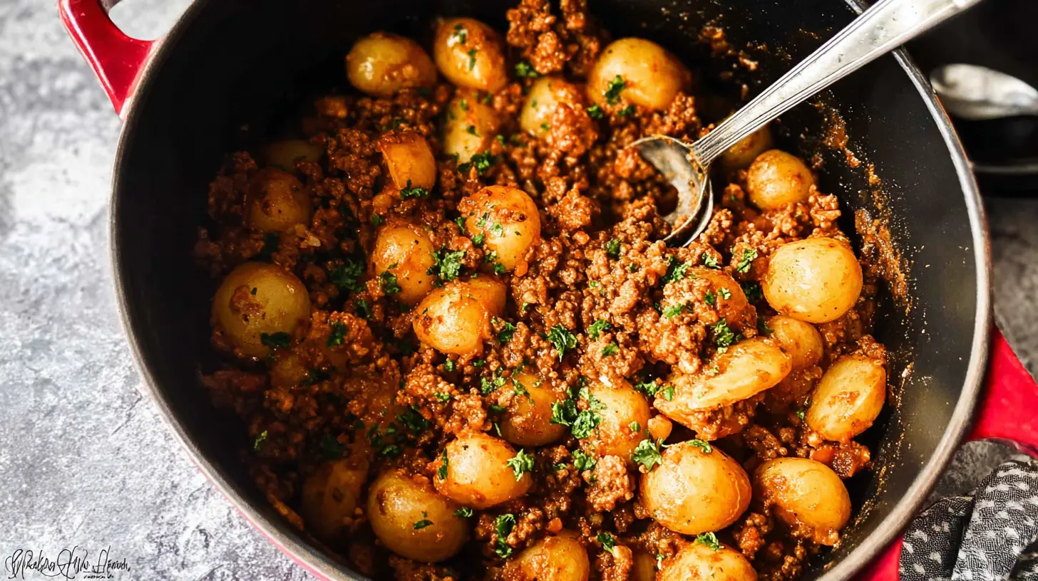 Top-down view of a hearty pot of cheesy ground beef and potatoes with fresh parsley, ready to be served.