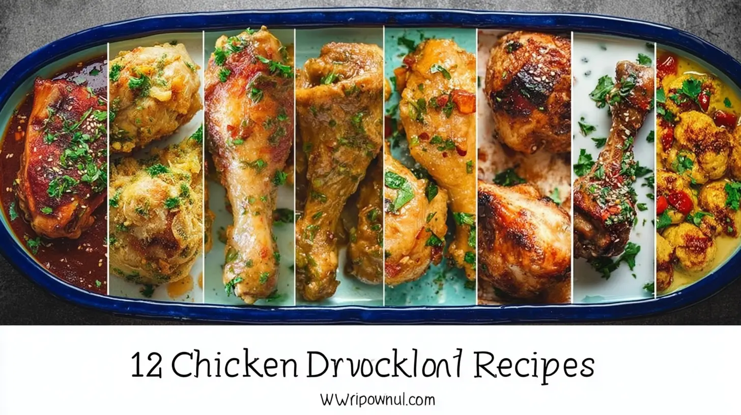 Ultimate Crispy Baked Chicken Drumstick Recipes chicken drumstick recipes A vibrant food collage featuring twelve diverse chicken drumstick recipes and other chicken dishes, presented in a horizontal banner.