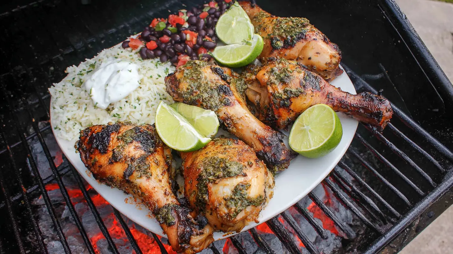 Delicious grilled chicken leg recipes served on a plate with rice, black beans, and lime, resting on a hot charcoal grill.