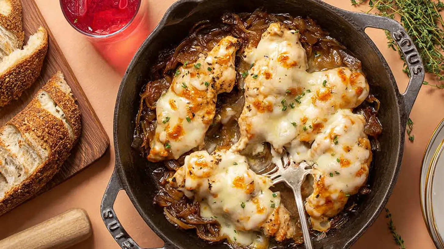 Golden-brown chicken tender recipes in a Staub cast iron skillet with melted cheese and caramelized onions, served with rustic bread.