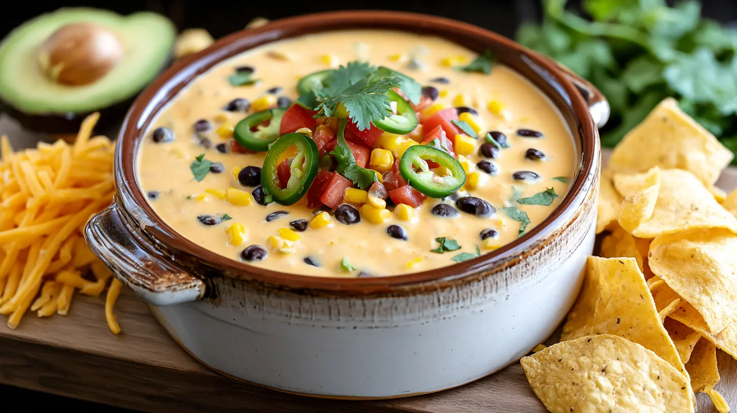 Vibrant cowboy queso recipe with black beans, corn, diced tomatoes, and jalapeños, served with crispy tortilla chips.