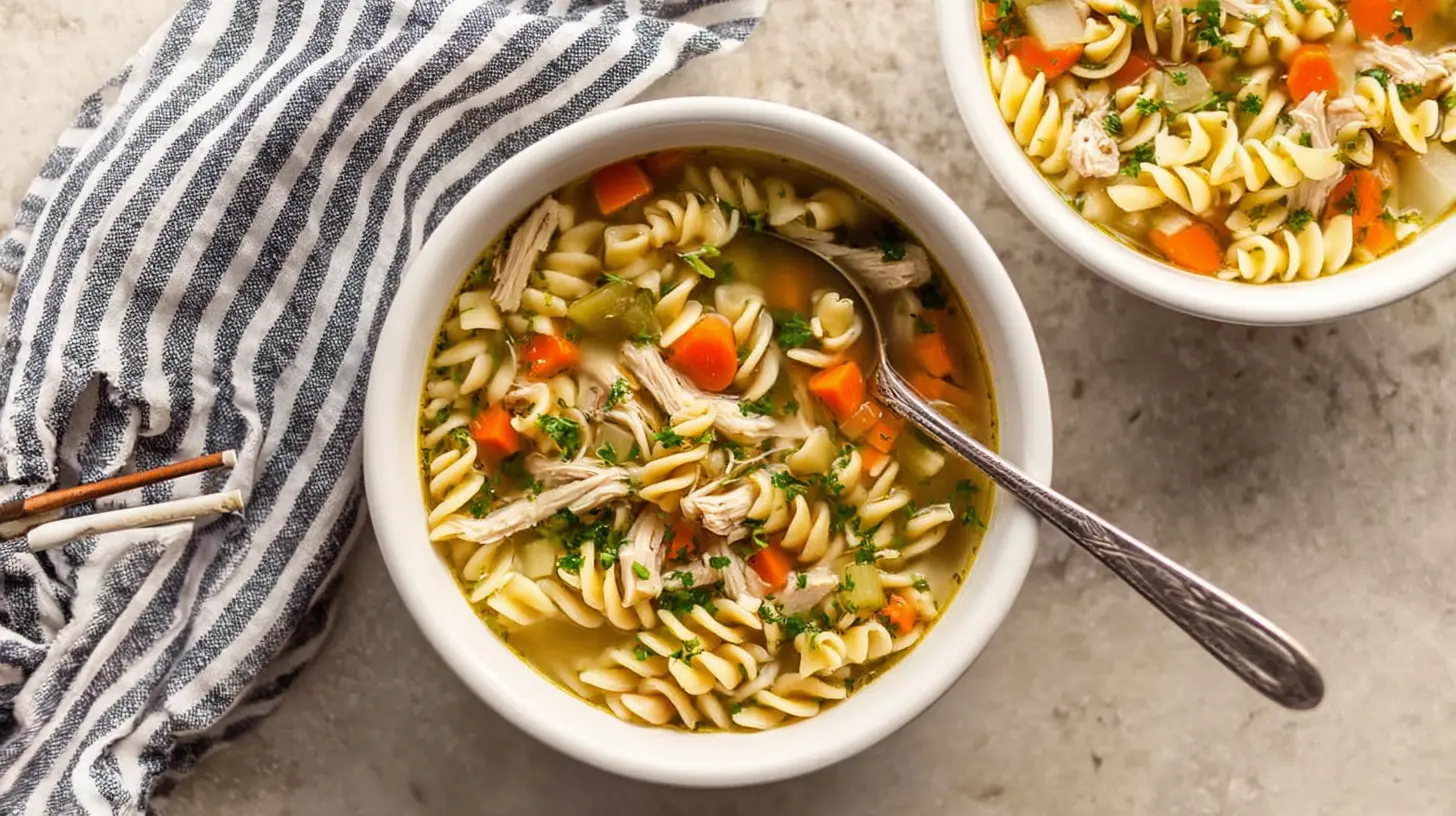 Overhead shot of two comforting bowls of homemade cozy chicken noodle soup, showcasing the deliciousness of this classic recipe.