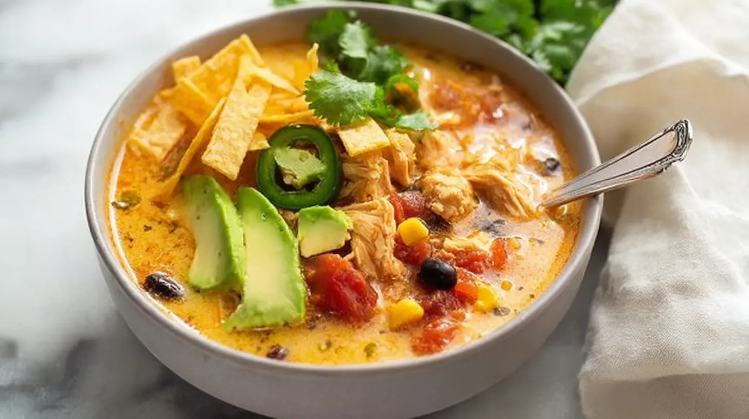 A vibrant bowl of creamy chicken tortilla soup garnished with avocado, tortilla strips, and cilantro on a marble surface.
