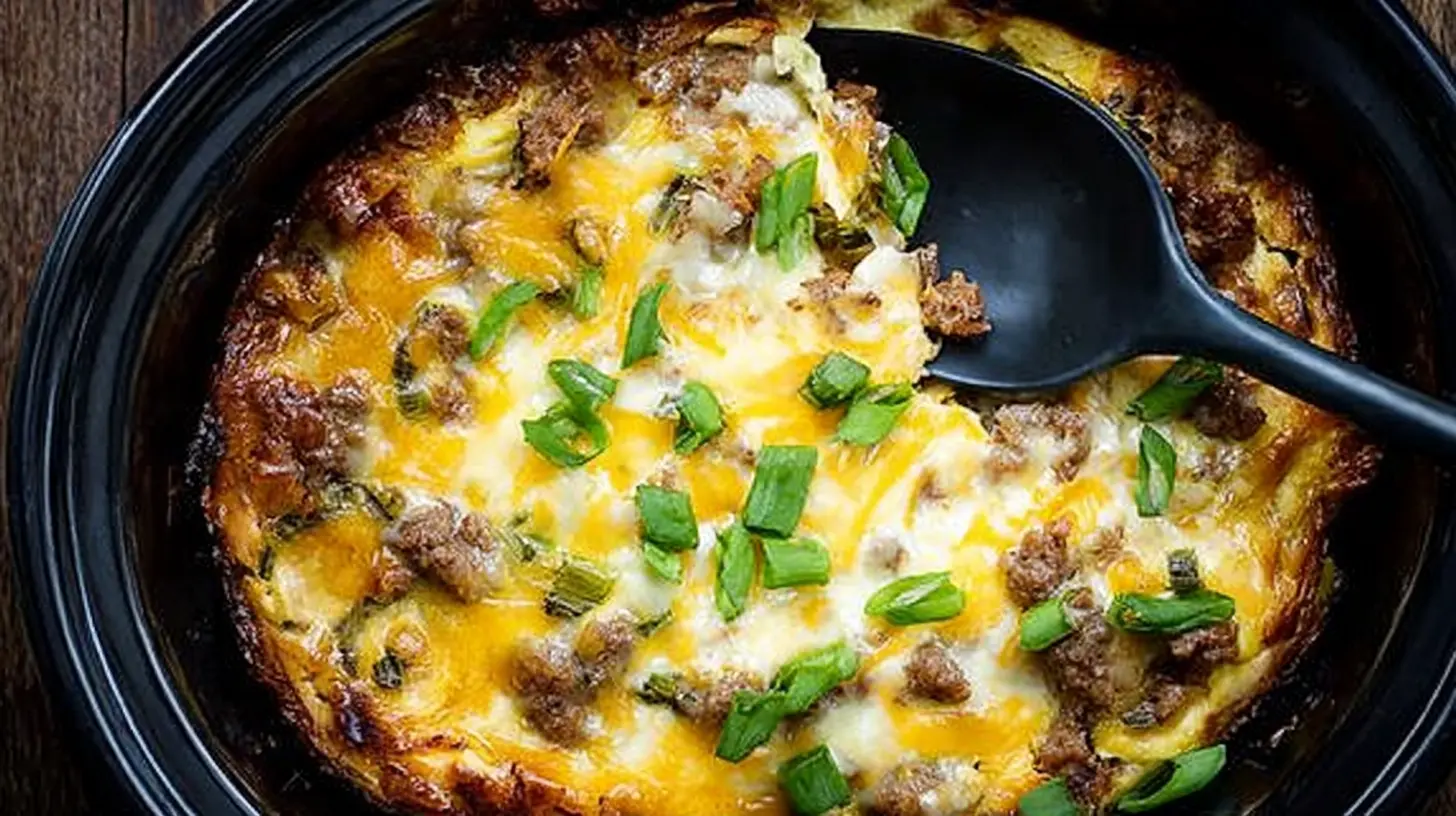 Overhead view of a delicious crockpot breakfast casserole with sausage, melted cheese, and fresh scallions.