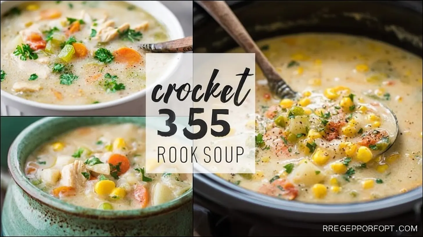 Delicious creamy chicken and vegetable crockpot soup in various bowls and a slow cooker.