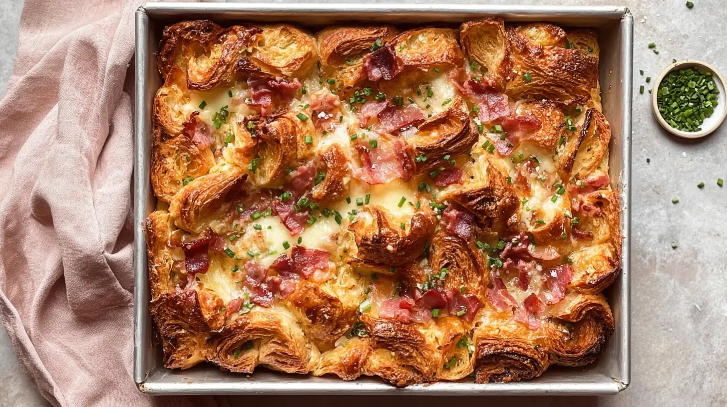 A savory croissant breakfast casserole baked in a metal pan, topped with gooey melted cheese, crispy bacon, and fresh green chives, presented overhead on a rustic surface with a pink linen accent.