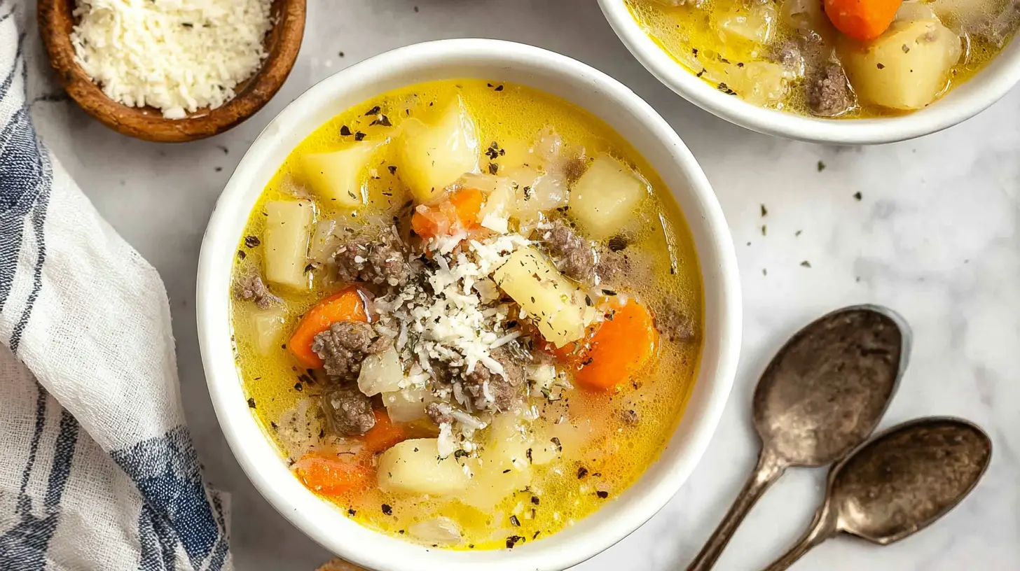 Overhead view of a hearty bowl of Easy Cheeseburger Soup Recipe, garnished with melted cheese and fresh herbs, perfect for a comforting meal.