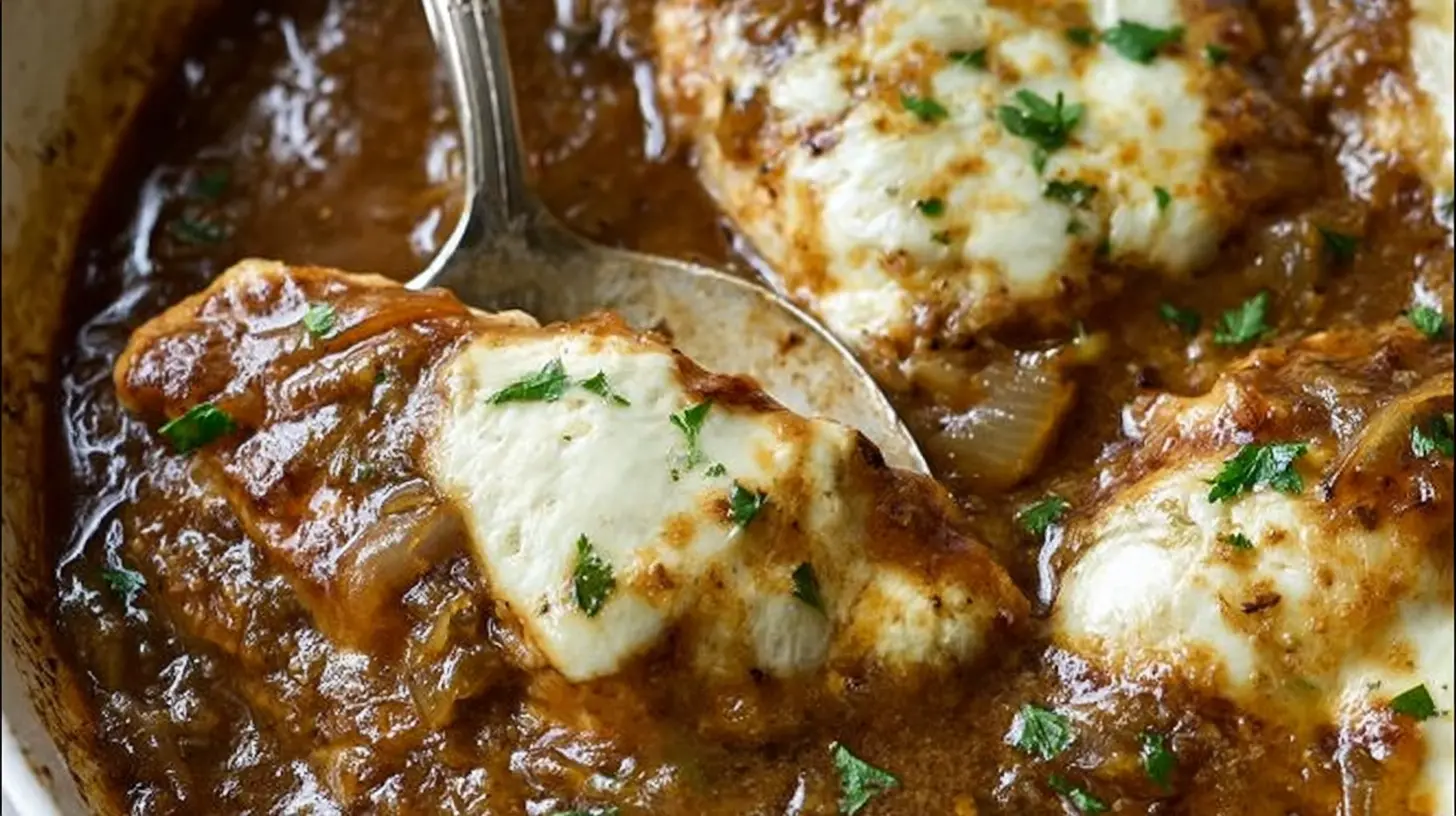 Close-up of hearty French Onion Chicken being served, featuring melted gruyere over rich, caramelized onion chicken.
