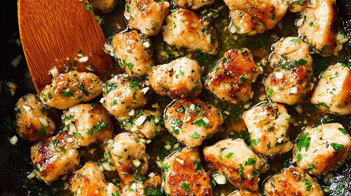 Close-up of golden-brown Garlic Butter Chicken Bites in a dark pan, garnished with fresh herbs and minced garlic.