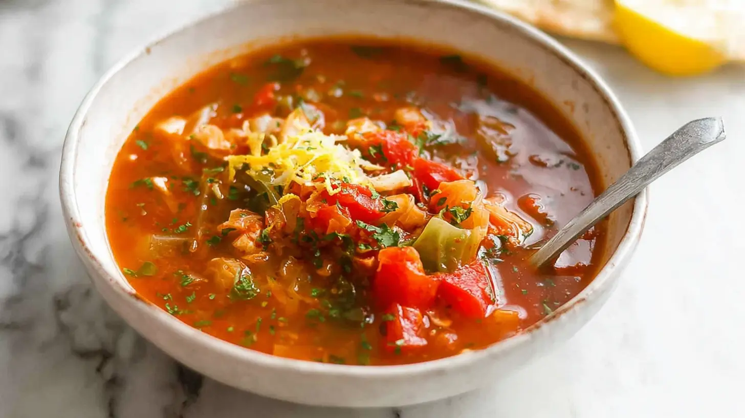 A vibrant, chunky bowl of healthy vegetable soup, garnished with fresh herbs and cheese, served in a rustic ceramic bowl with a spoon.