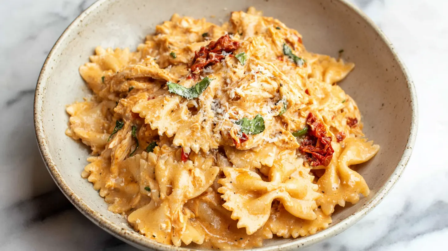 Delicious Marry Me Chicken Pasta with farfalle, creamy sauce, sun-dried tomatoes, and fresh basil in a rustic bowl.