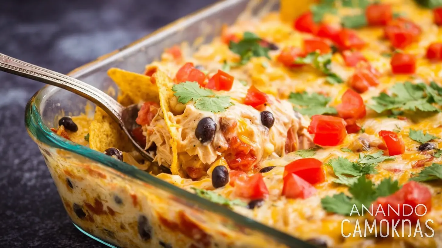 Cheesy, bubbling mexican chicken casserole with black beans, tomatoes, and cilantro, served with a tortilla chip.