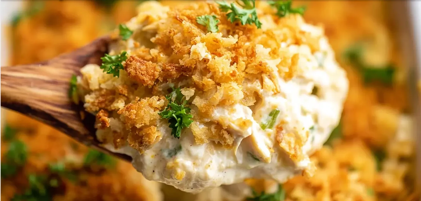 Close-up of a creamy Million Dollar Chicken Casserole with a crispy topping, served on a wooden spoon.