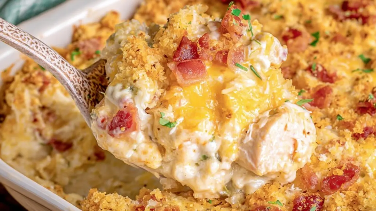 Ultimate Neiman Marcus Chicken Casserole Neiman Marcus Chicken Casserole Close-up of a serving spoon lifting a golden and creamy neiman-marcus-chicken-casserole, topped with melted cheese, crispy breadcrumbs, and bacon.