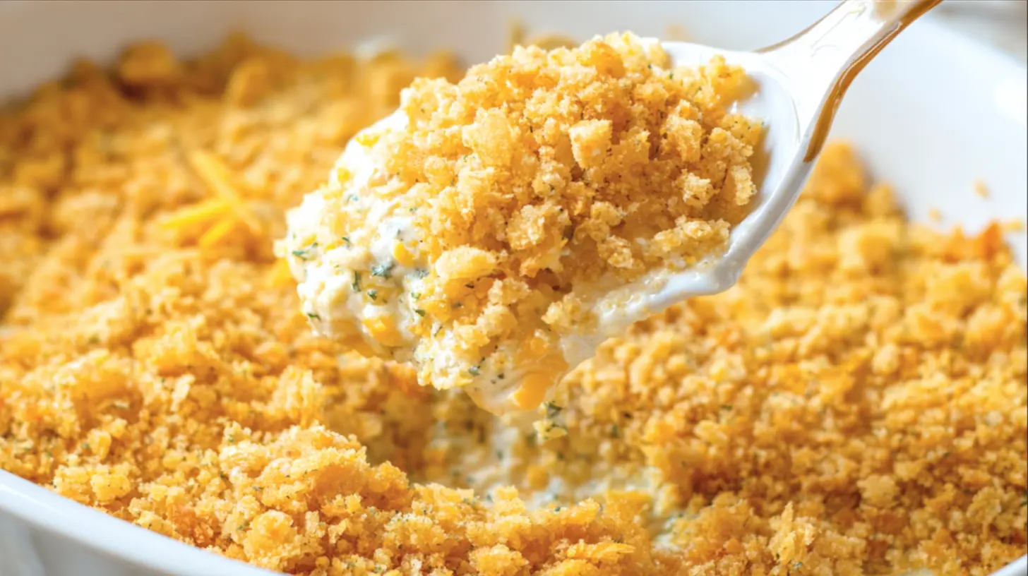 A spoonful of creamy ritz cracker chicken casserole with a golden, crispy topping and green flecks being served from a white baking dish.