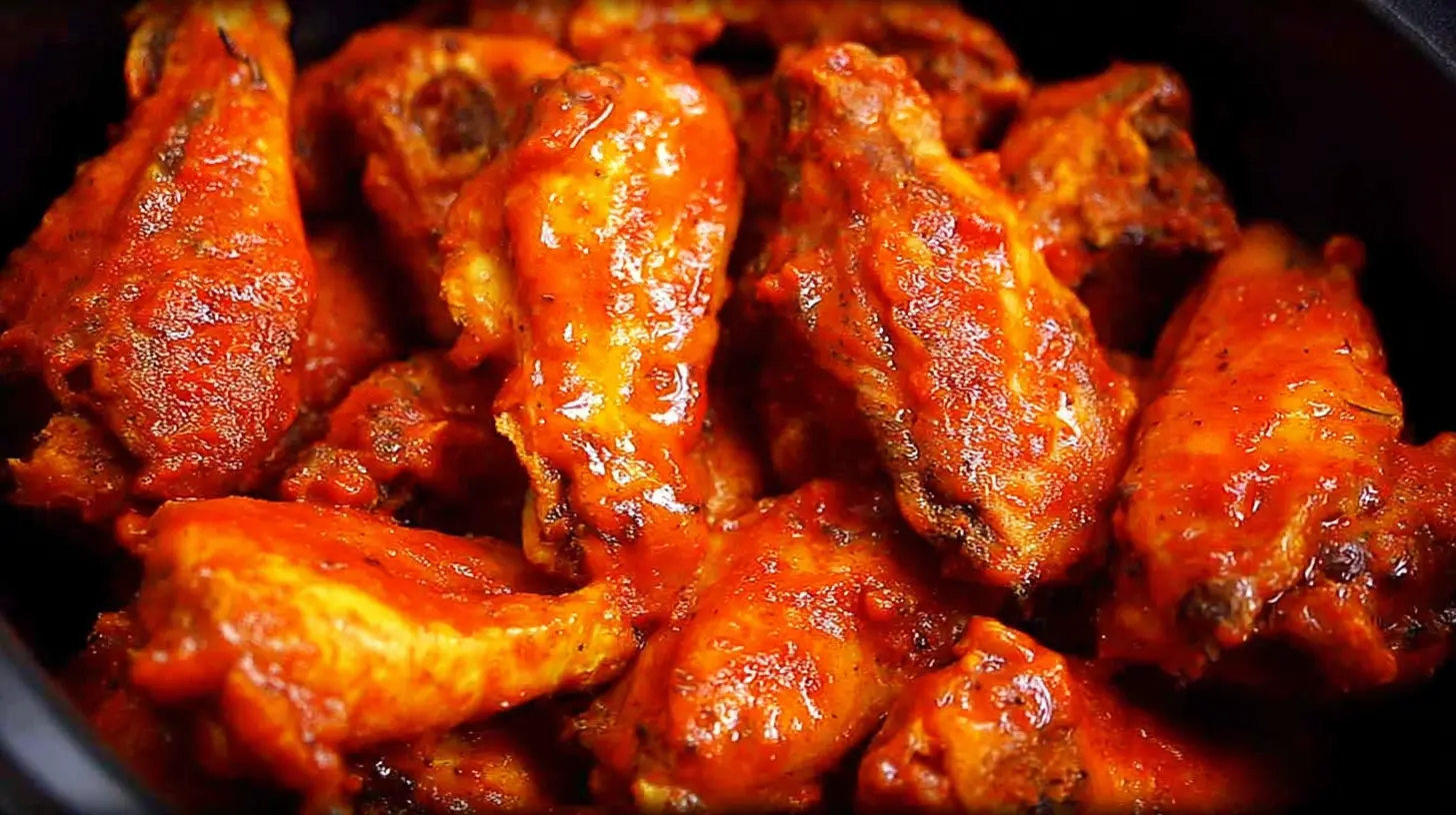 Close-up of glossy, sauced slow cooker buffalo wings piled high in a dark dish, ready to eat.