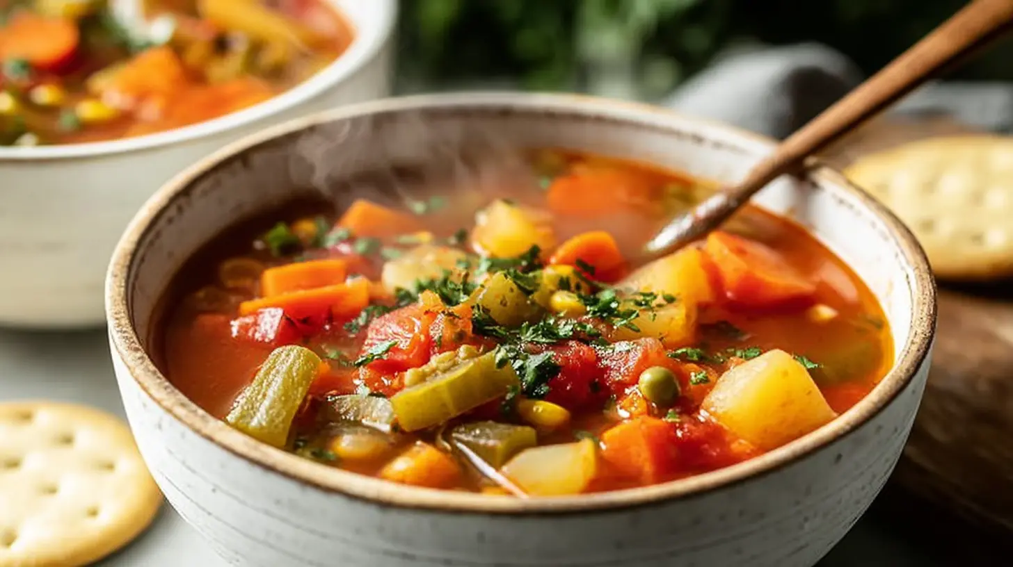 Close-up of a steaming bowl of hearty vegetable soup, rich with diced vegetables and fresh herbs, ideal for exploring wholesome vegetable soup recipes.