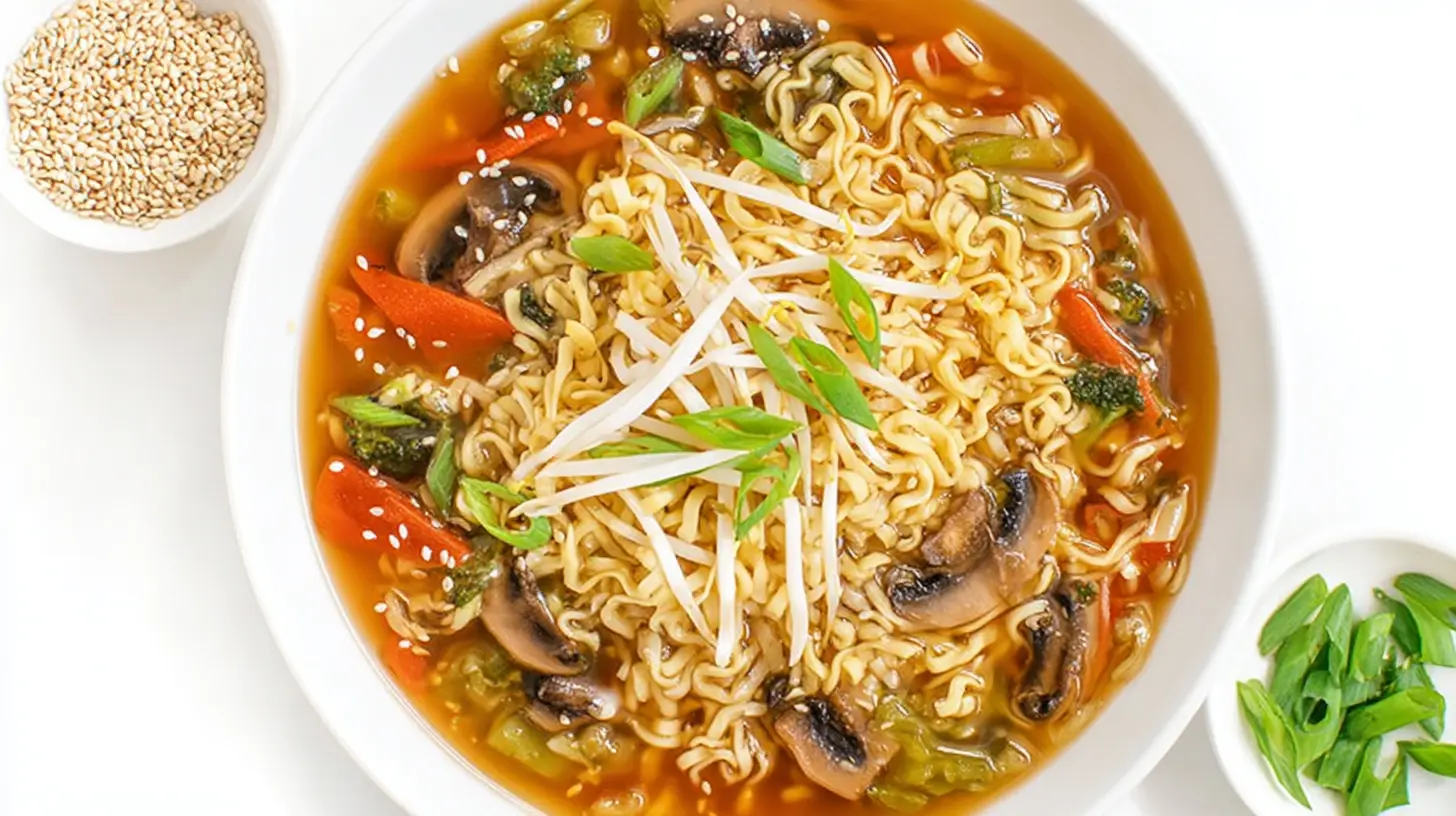 Vibrant bowl of instant ramen, a delicious Asian noodle soup, with fresh vegetables and sesame seeds on a white background.