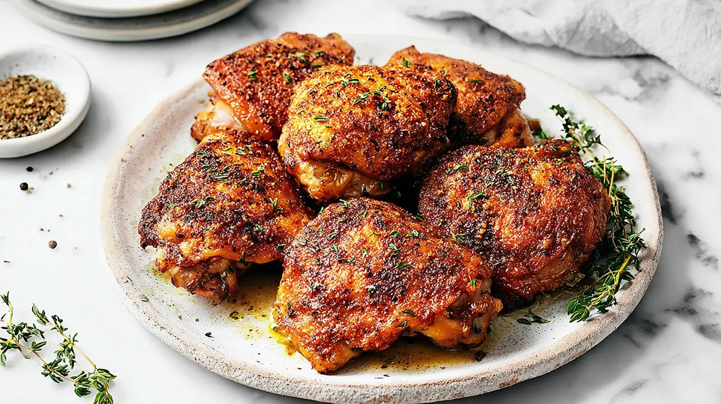 Addictively Good Baked Chicken Thighs (Crispy & Juicy!) Addictively Good Baked Chicken Thighs Close-up of perfectly crispy, golden-brown Addictively Good Baked Chicken Thighs garnished with fresh thyme on a rustic plate.