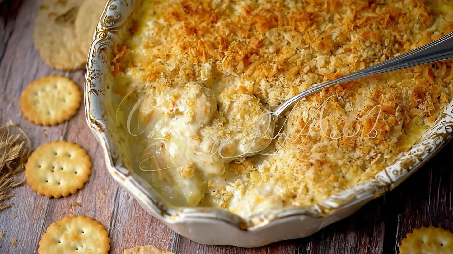Close-up of a steaming Creamy Chicken Bake with a Buttery Crunch, served in an elegant dish on a rustic wooden surface.