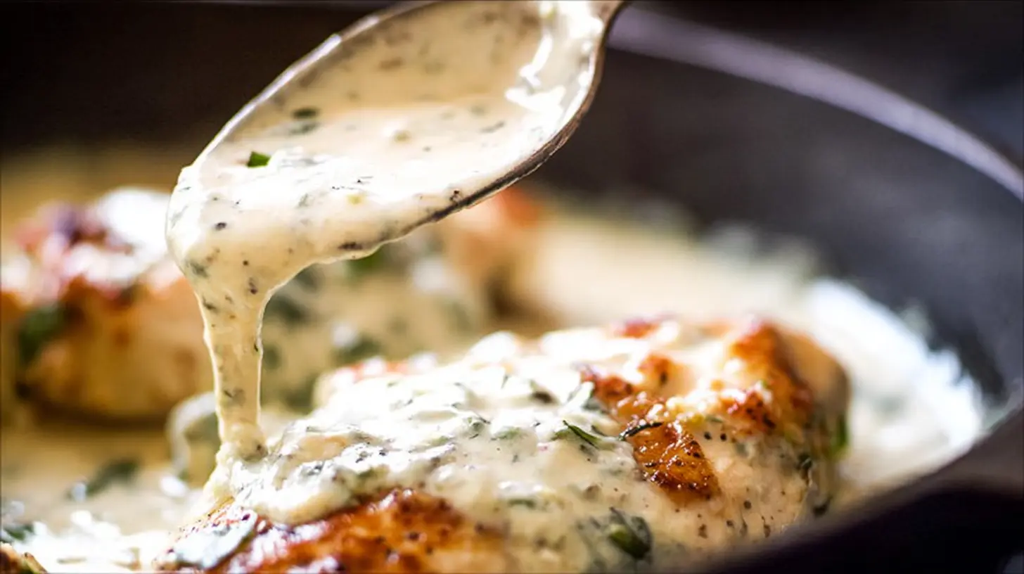 Creamy garlic parmesan sauce being poured over seared chicken, perfect for a delicious Creamy Garlic Parmesan Chicken Recipe.
