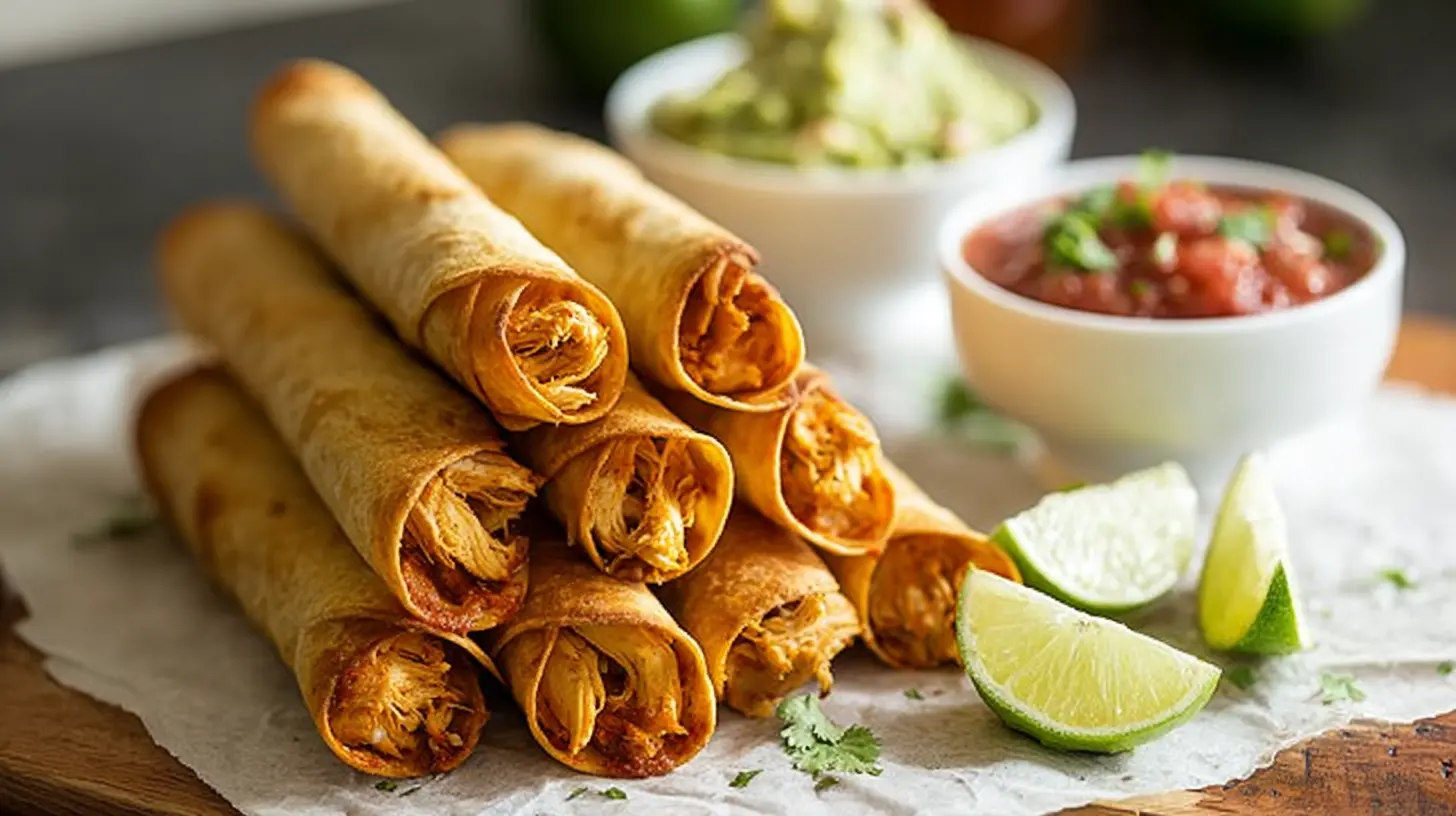 A platter of golden-brown Crispy Oven-Rolled Chicken Taquitos served with fresh salsa, guacamole, and lime wedges on a rustic wooden board.