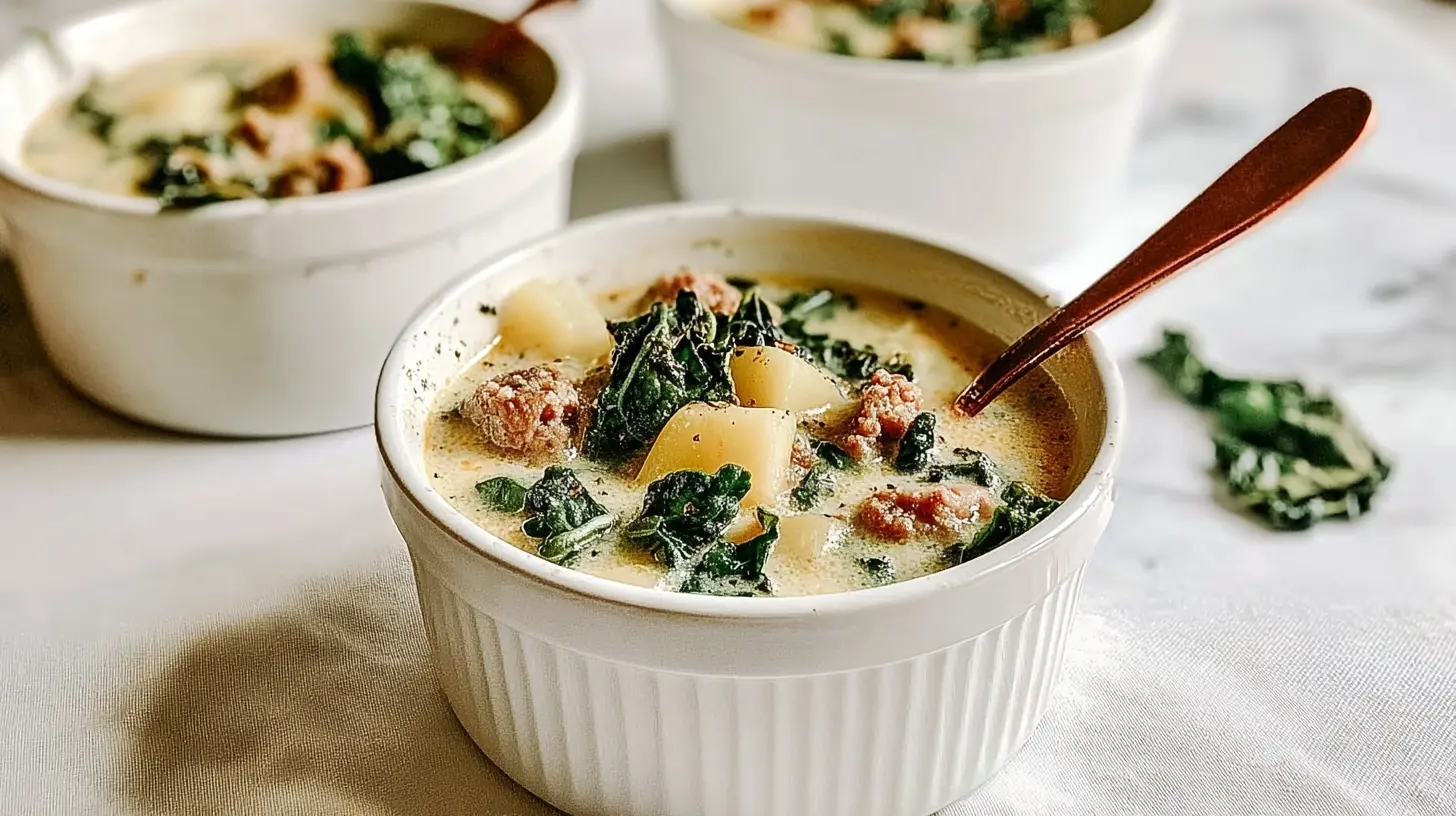 Close-up of a creamy, hearty bowl of Dairy-Free Zuppa Toscana Recipe (Gluten-Free) with potatoes, kale, and sausage, a copper spoon resting within.