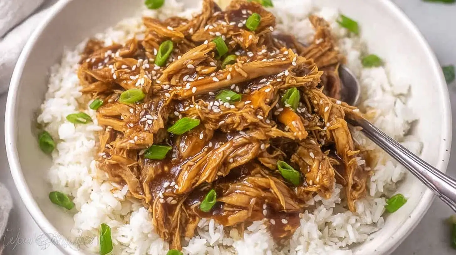 A close-up of a serving of Dump and Go Crockpot Teriyaki Chicken over white rice, garnished with sesame seeds and green onions, presented in a white ceramic bowl.
