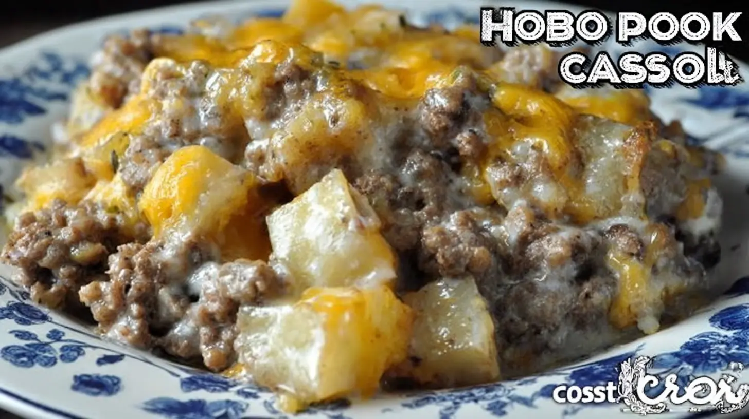 Easy Hobo Casserole Ground Beef Recipe Hobo Casserole Ground Beef Recipe Close-up of a hearty Hobo Casserole Ground Beef Recipe Easy with melted cheese on a blue and white ceramic plate.