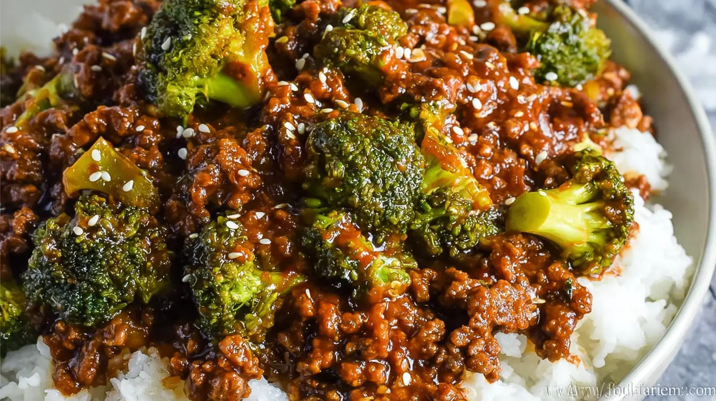 Honey Garlic Ground Beef and Broccoli Honey Garlic Ground Beef and Broccoli Appetizing bowl of Honey Garlic Ground Beef and Broccoli served over white rice, garnished with sesame seeds.