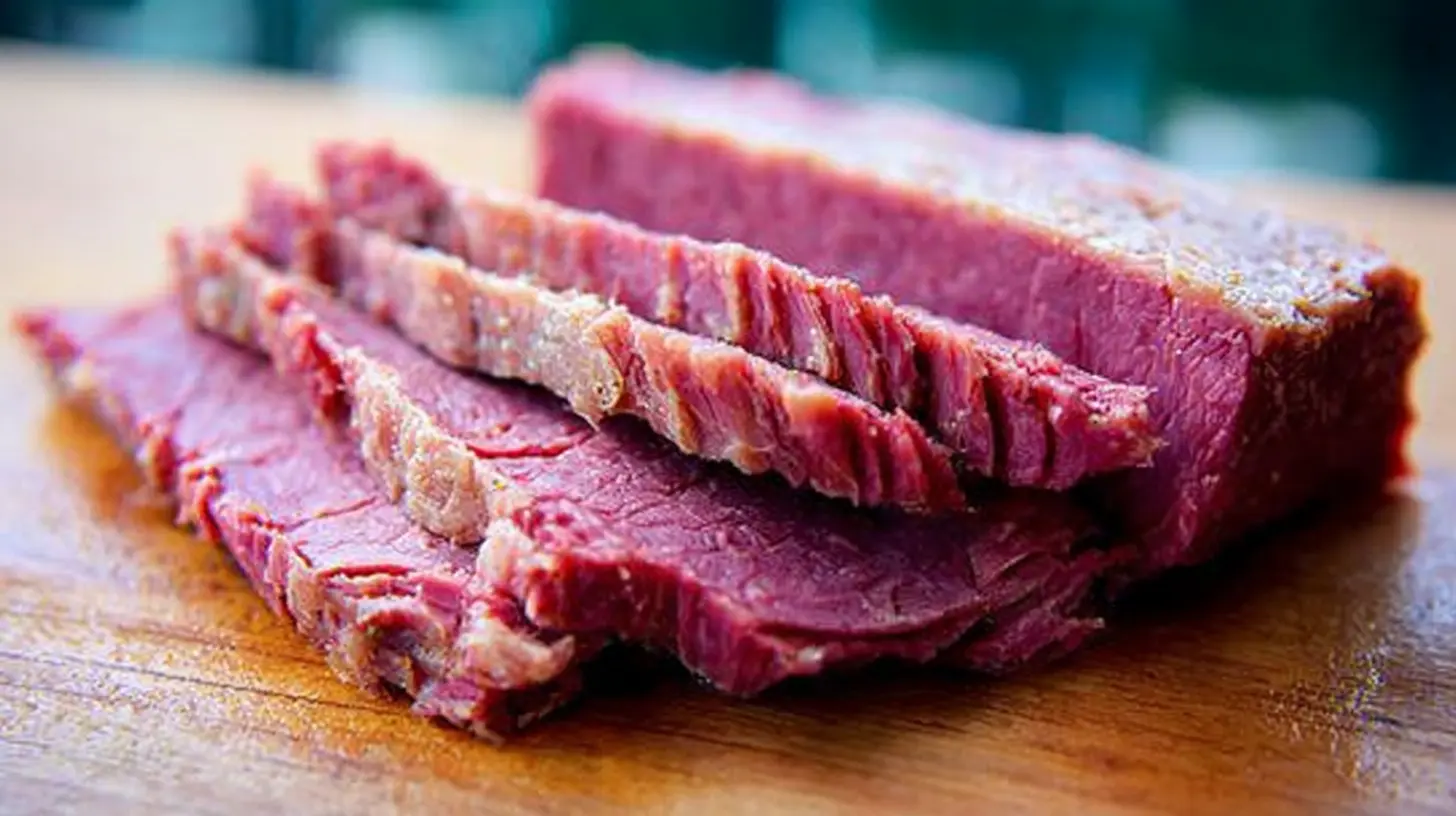 Close-up of perfectly cooked, sliced corned beef on a wooden board, showcasing the delicious outcome when learning how to make corned beef from scratch.