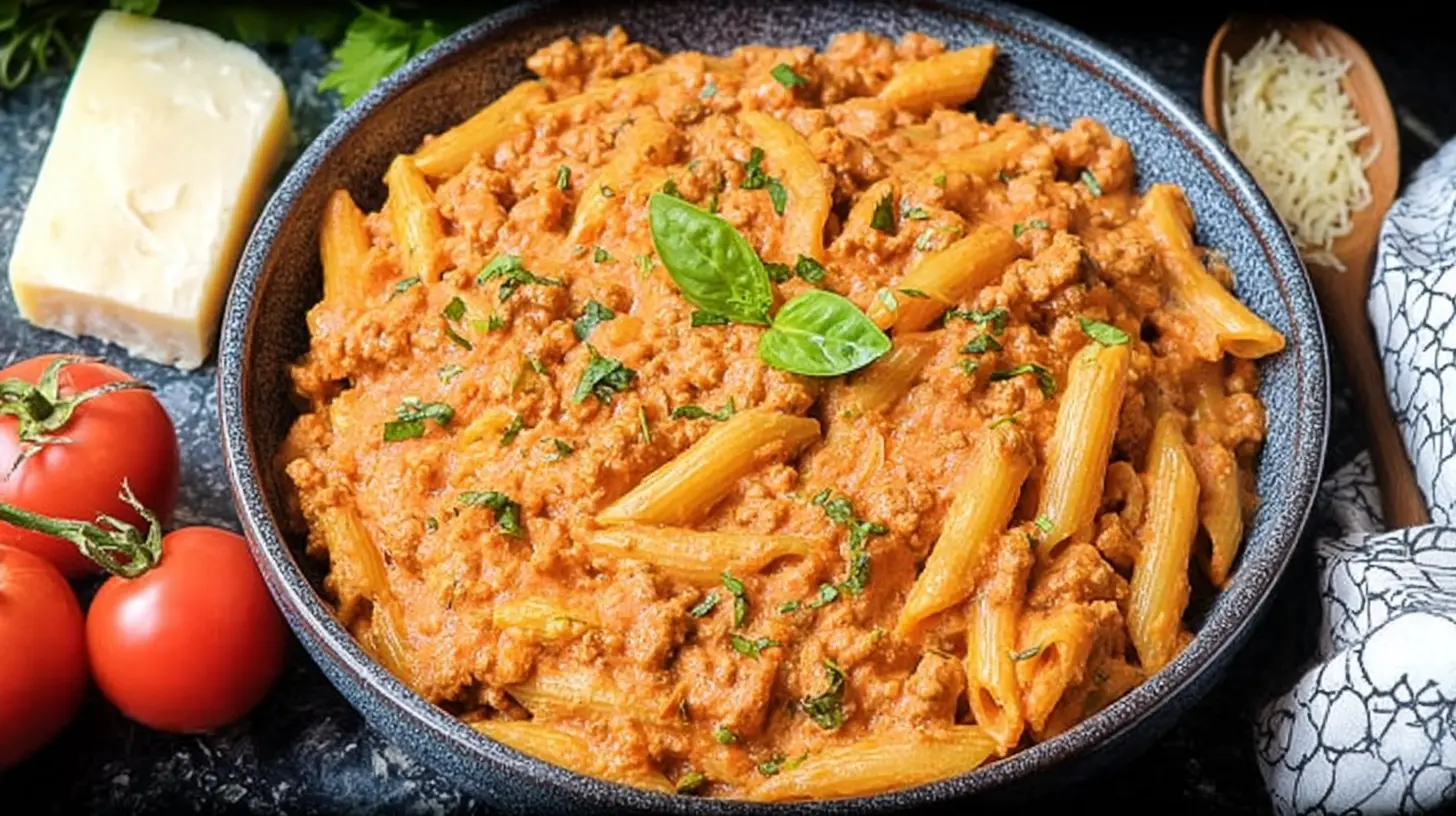 Overhead view of an irresistible high protein creamy beef pasta recipe with penne, rich sauce, ground meat, basil, Parmesan, and tomatoes on a dark rustic background.