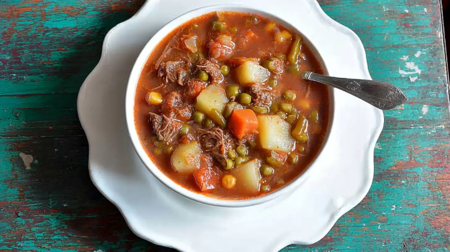 A hearty white bowl filled with My Mom's Old Fashioned Vegetable Beef Soup, showcasing shredded beef, potatoes, carrots, peas, green beans, corn, and tomatoes on a rustic teal wooden table.