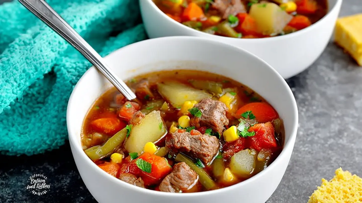 Hearty One Pot Beef Soup Bone Vegetable Soup with tender beef chunks, potatoes, carrots, and green beans in ceramic bowls.
