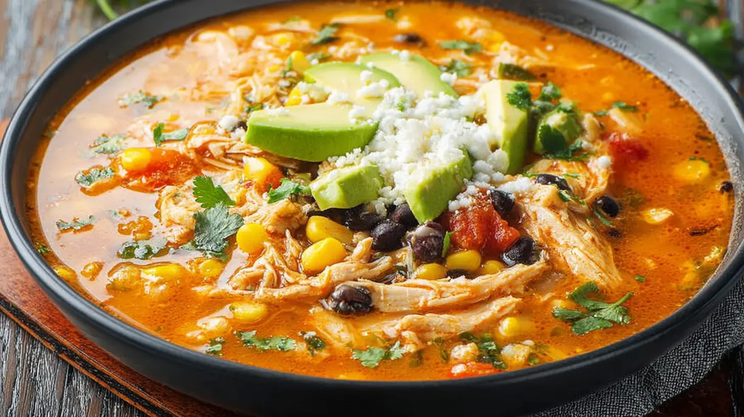 Close-up of a hearty bowl of Rotisserie Chicken Enchilada Soup, garnished with avocado and crumbled cheese on a wooden surface.