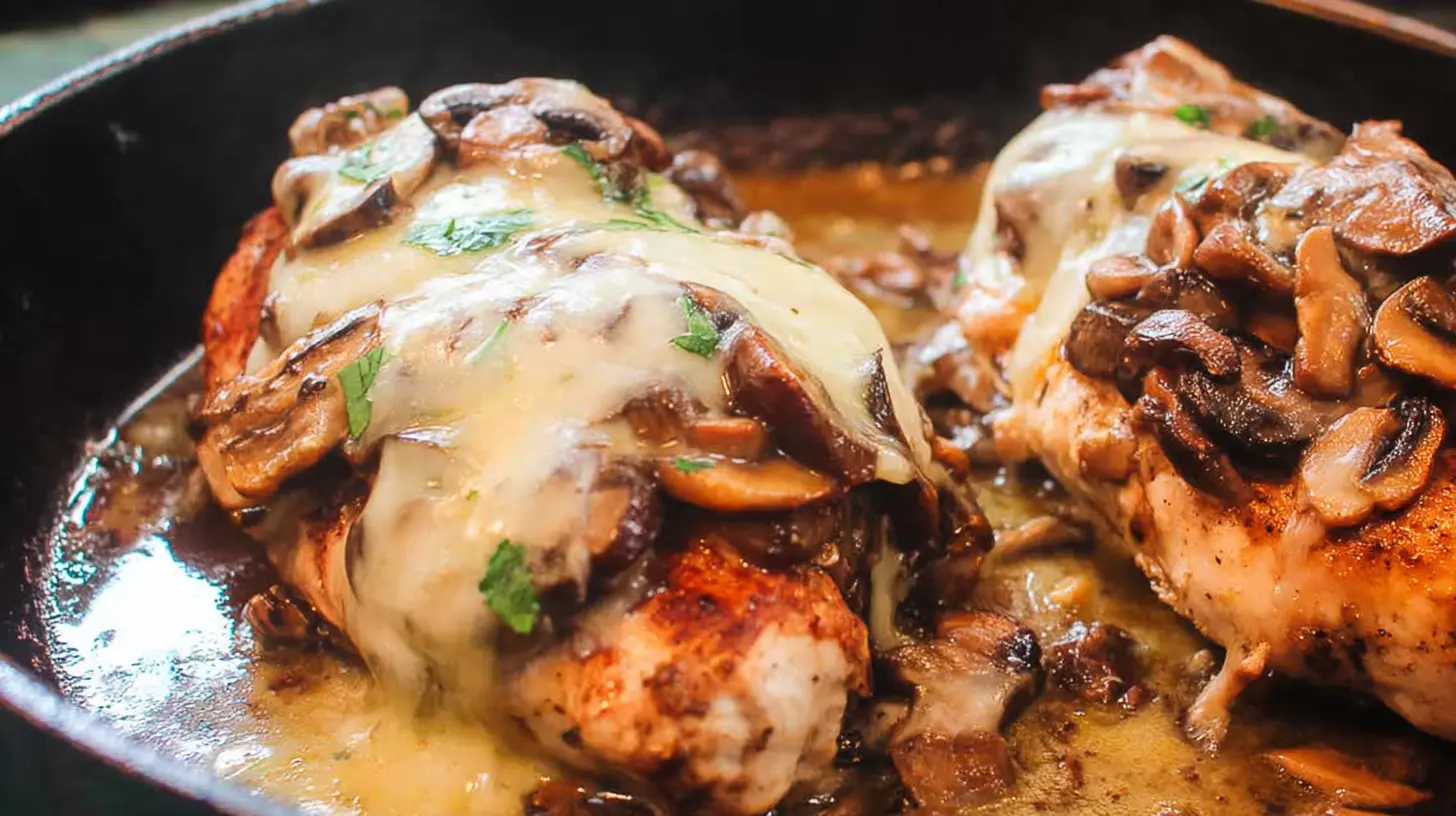 Ultimate Texas Roadhouse Smothered Chicken Copycat Texas Roadhouse Smothered Chicken Close-up of Texas Roadhouse Smothered Chicken, featuring two chicken breasts generously topped with melted cheese, sautéed mushrooms, and savory sauce in a dark skillet.